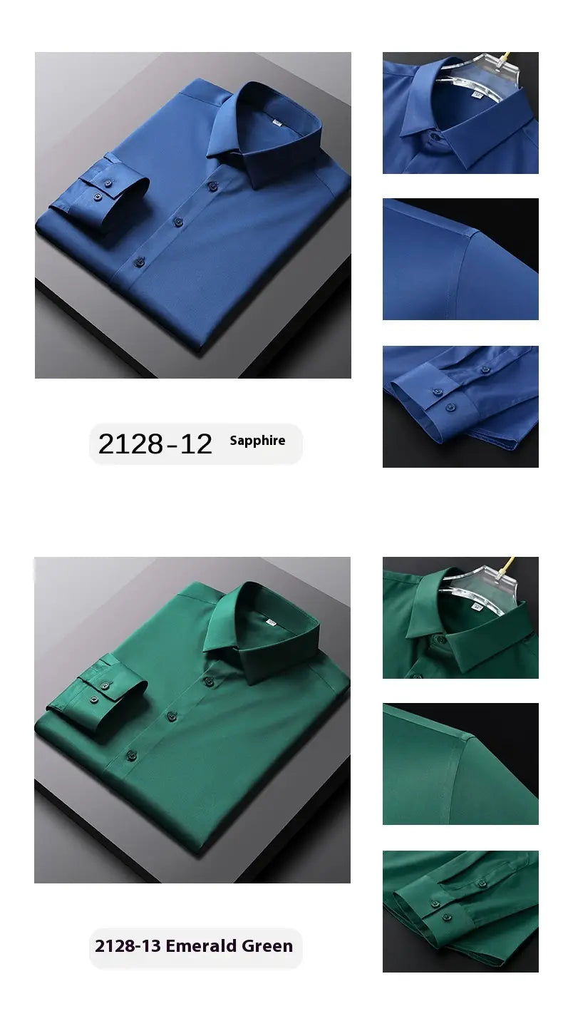 Chemises habillées en soie pour homme à manches longues, en bleu saphir et vert émeraude, avec un design boutonné épuré, des cols nets et des poignets pliés avec soin.