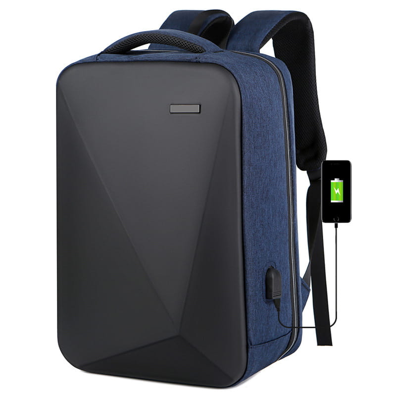 Blue and black geometric-patterned business laptop backpack made of oxford cloth with a built-in usb charging port.