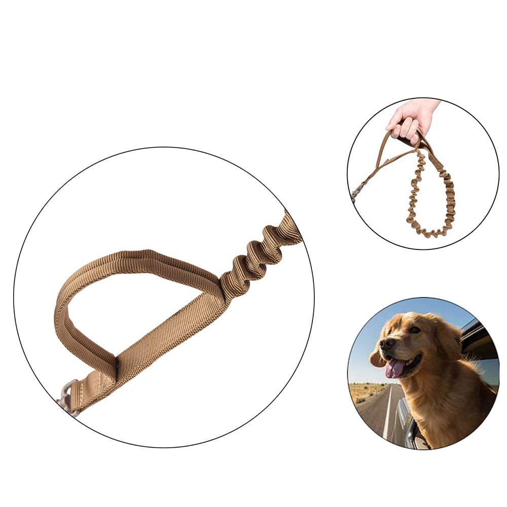 Tan tactical bungee dog leash with reinforced elasticated grip and metal attachment point for secure pet control in camouflage elastic lead design