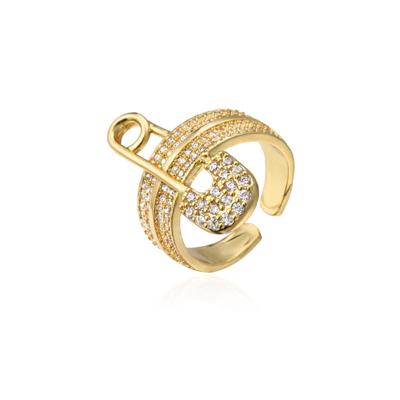adjustable gold safety pin ring featuring sparkling clear zircon crystals in a geometric design.