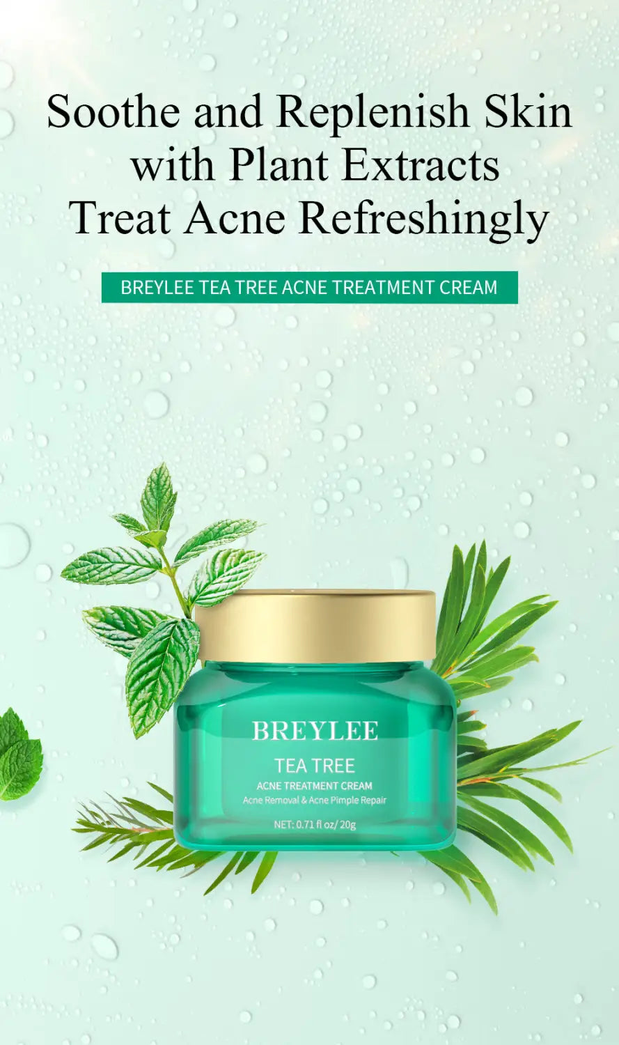 A teal glass jar with a gold lid labeled breylee tea tree acne treatment cream for face and neck use 20g.
