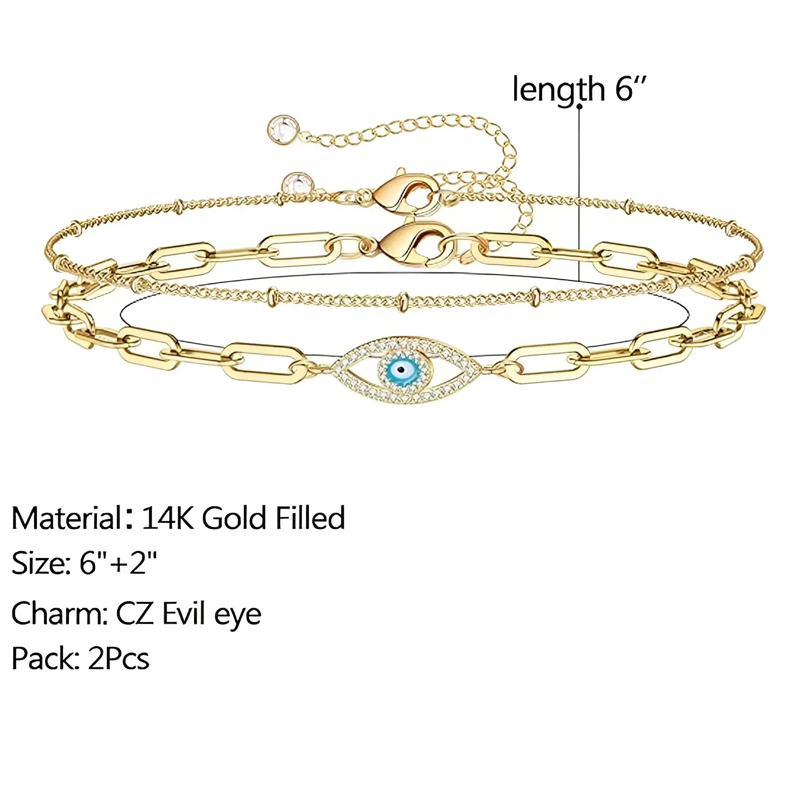14k gold filled evil eye layered anklet set with central cz charm featuring blue center and sparkling stones