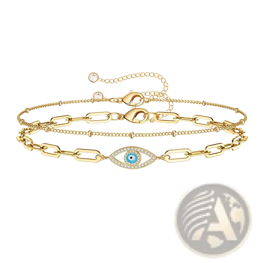 14k gold filled evil eye layered bracelet set with gold-toned anklet featuring clear crystal encrusted charm and delicate chains
