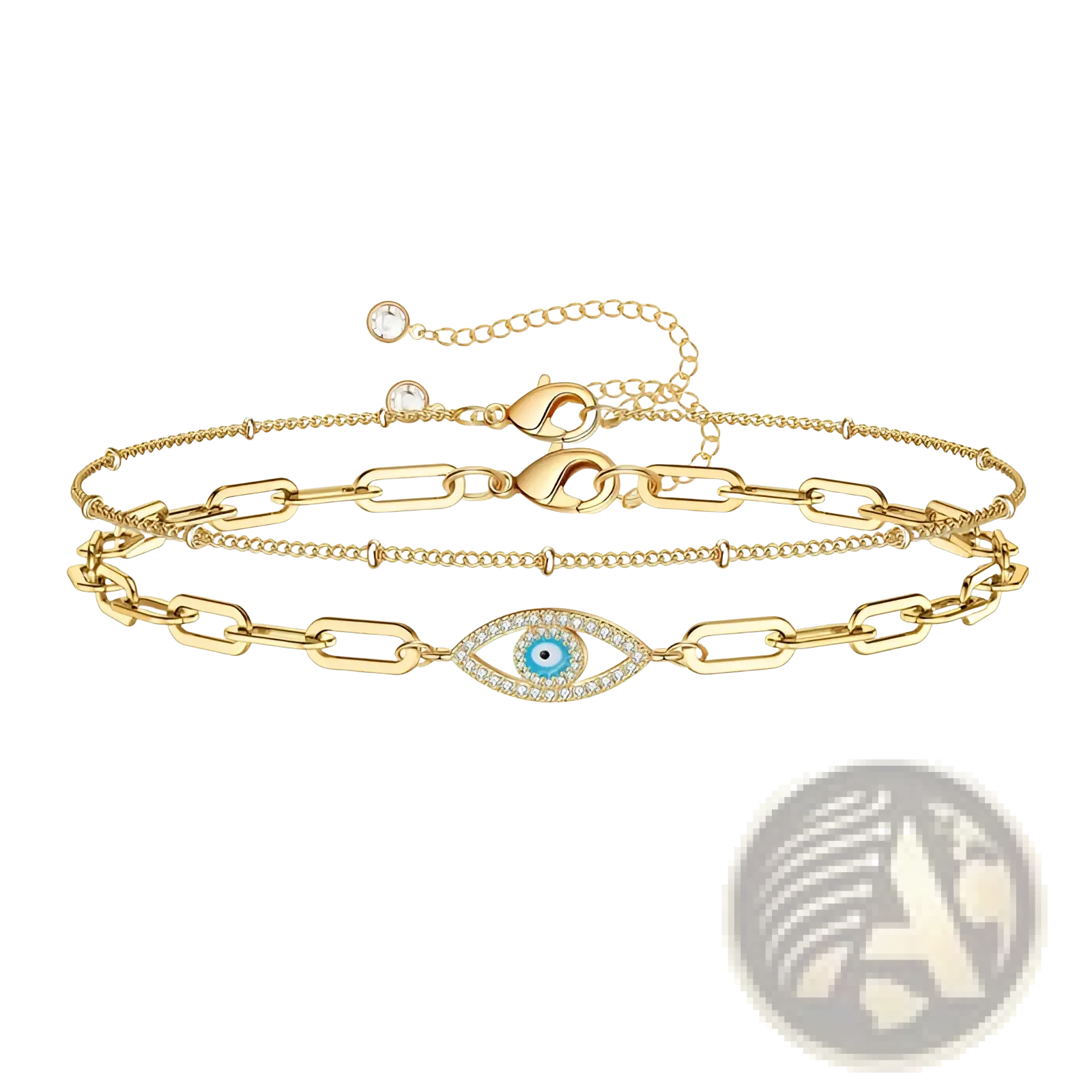 14k gold filled evil eye layered bracelet set with gold-toned anklet featuring clear crystal encrusted charm and delicate chains