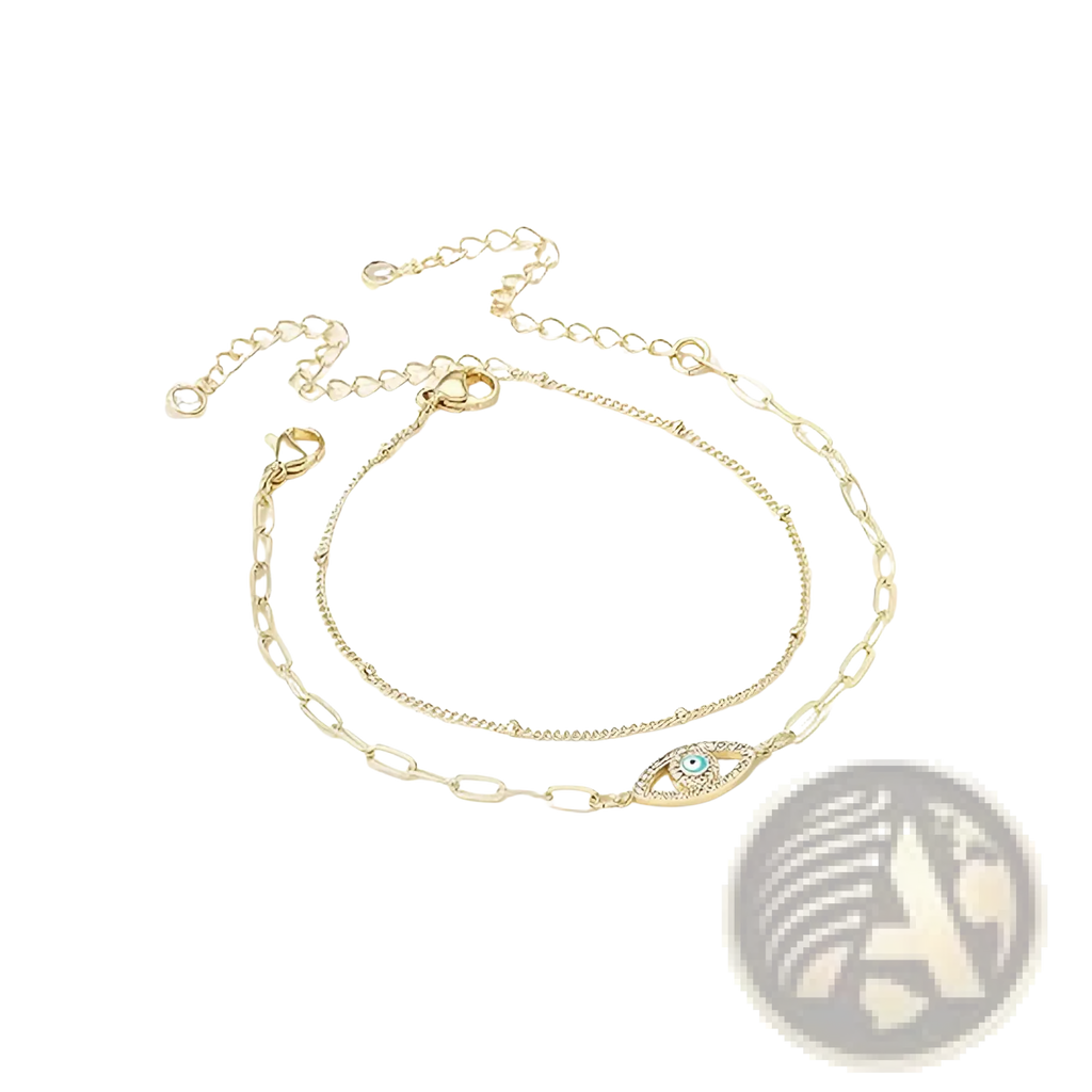 Gold-toned 14k gold filled layered anklet set with delicate chains and blue gemstone eye-shaped charm