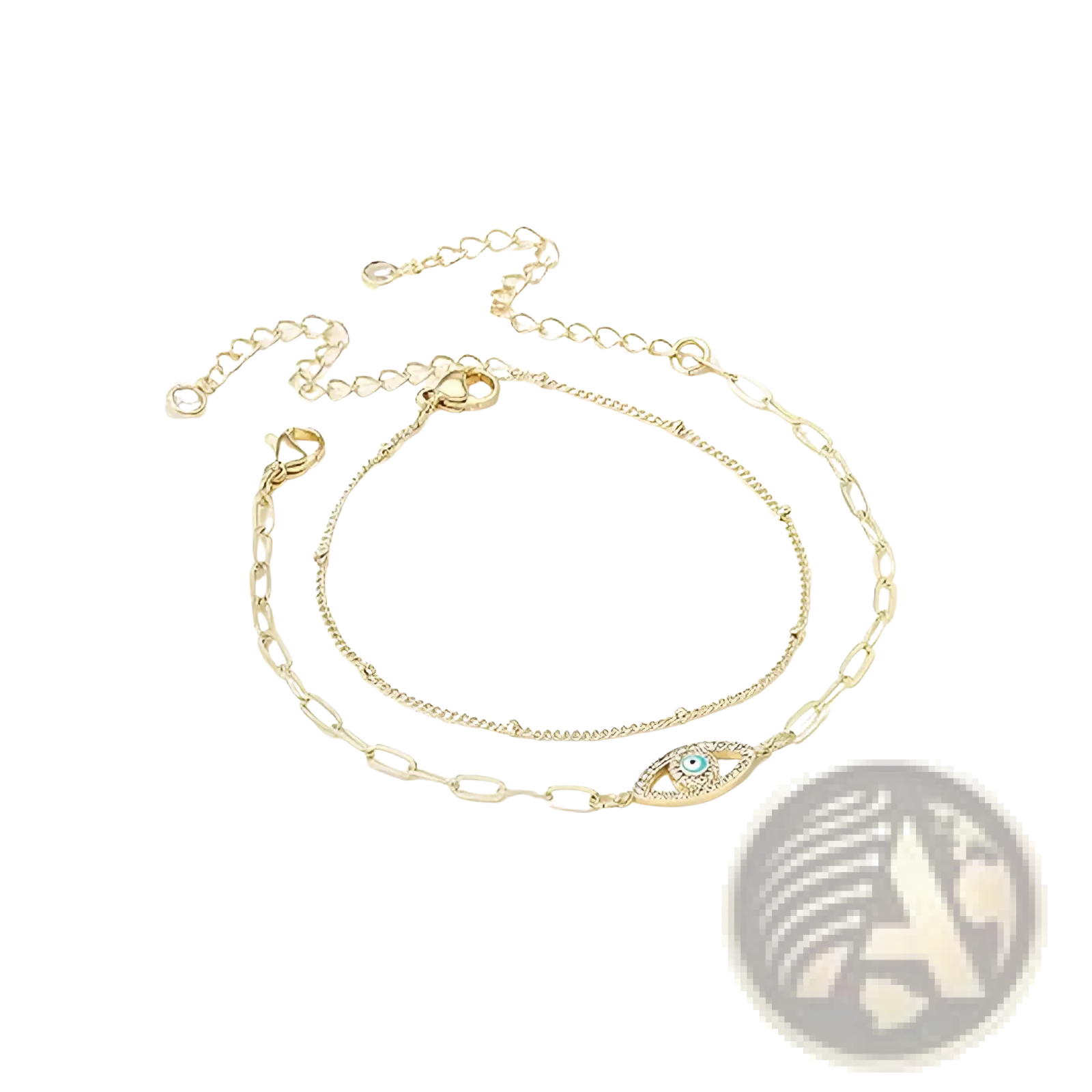 Gold-toned 14k gold filled layered anklet set with delicate chains and blue gemstone eye-shaped charm