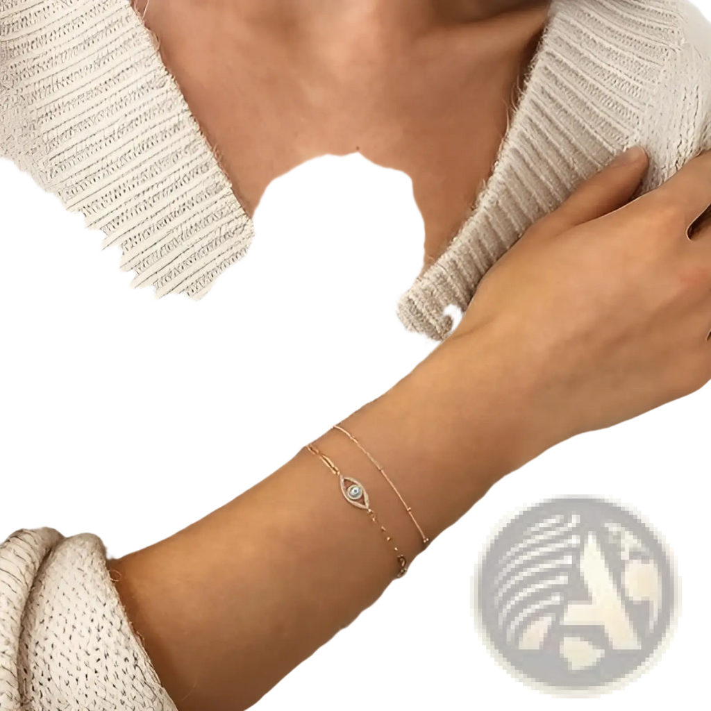 Delicate rose gold 14k gold filled double-strand evil eye layered bracelet featuring clear central and accent stones