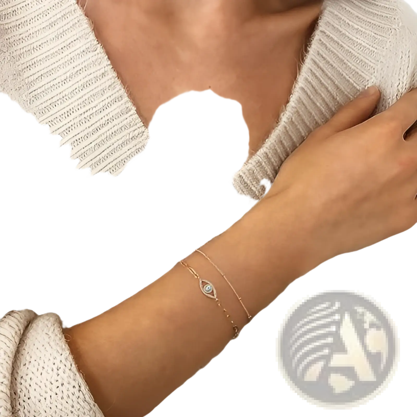 Delicate rose gold 14k gold filled double-strand evil eye layered bracelet featuring clear central and accent stones