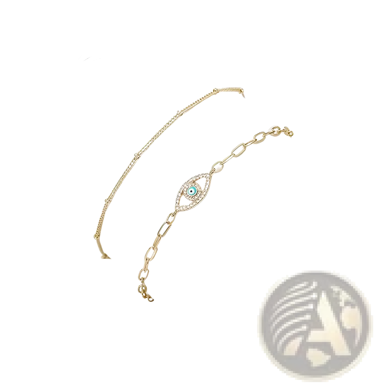14k gold filled evil eye layered bracelet set with a gold-toned eye charm featuring a turquoise center and rhinestones