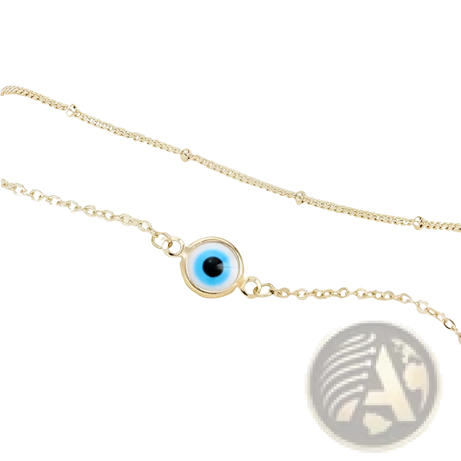 14k gold filled layered bracelet with gold-toned chain and central blue evil eye charm in circular frame