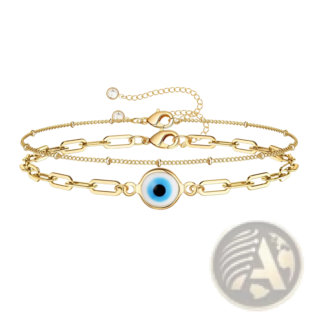 14k gold filled layered adjustable anklet with gold tone chains and central blue evil eye charm