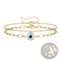 14k gold filled layered adjustable anklet with gold tone chains and central blue evil eye charm