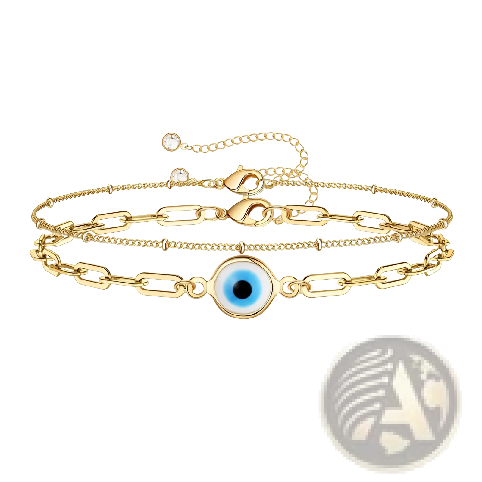 14k gold filled layered adjustable anklet with gold tone chains and central blue evil eye charm
