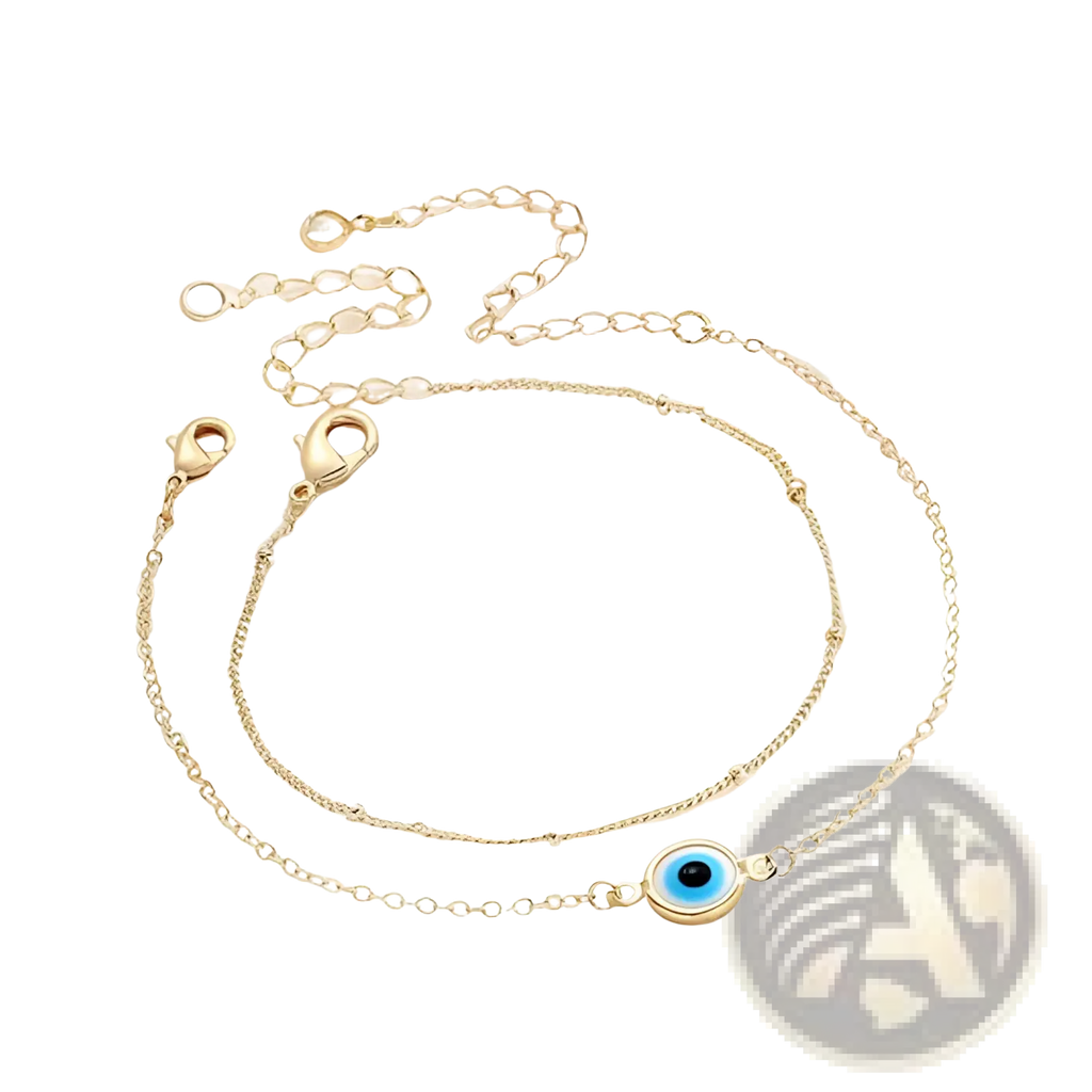 14k gold filled layered evil eye adjustable bracelet with a gold-toned chain and a central blue evil eye charm