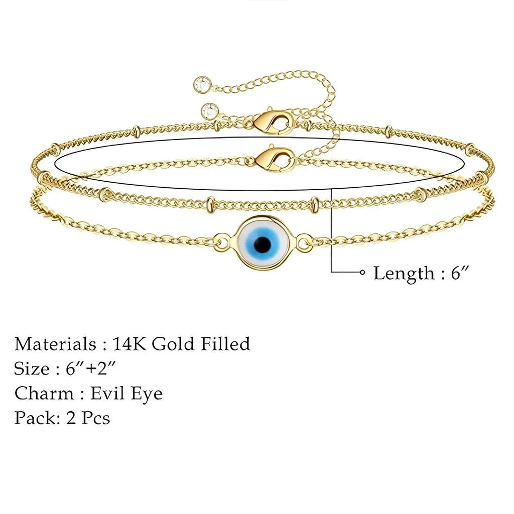 14k gold filled layered evil eye adjustable anklet featuring a blue and black circular charm