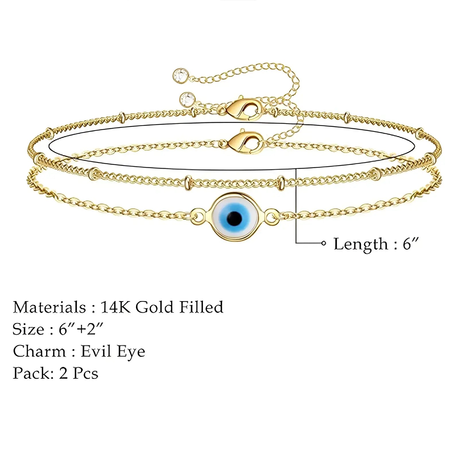 14k gold filled layered evil eye adjustable anklet featuring a blue and black circular charm
