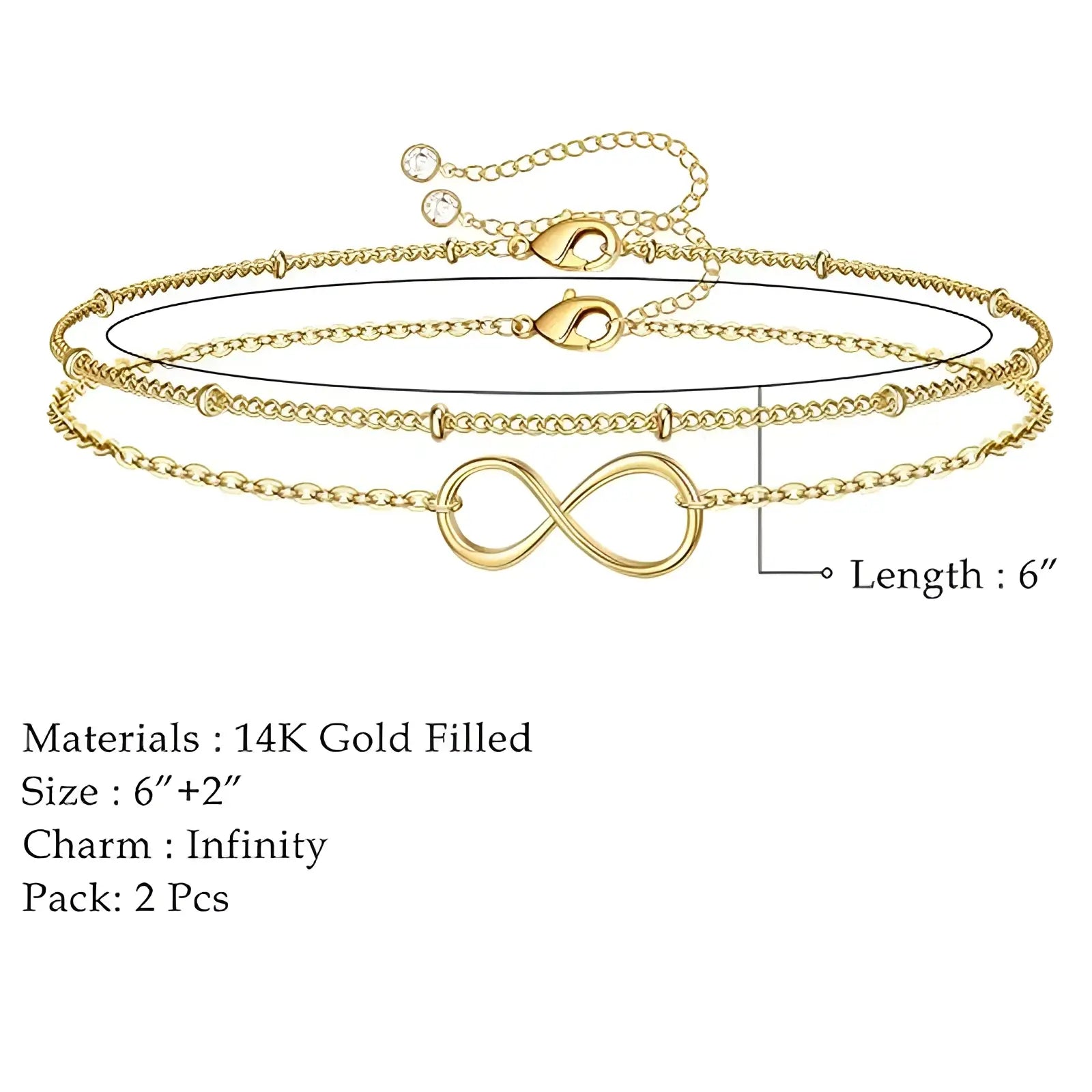 14k gold filled layered infinity chain bracelet with delicate adjustable length chain and gold-filled infinity charm