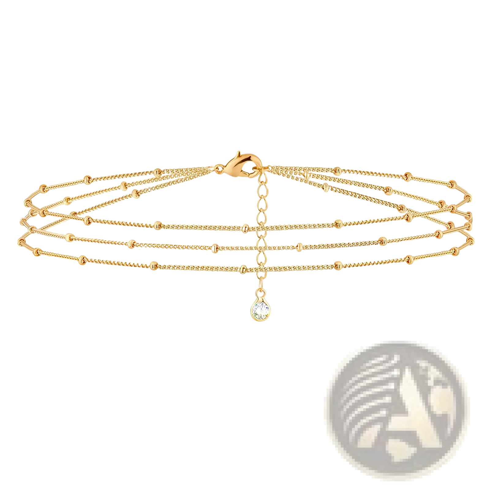 14k gold filled triple layer beaded chain bracelet with gold-toned strands, small beads, and teardrop crystal pendant