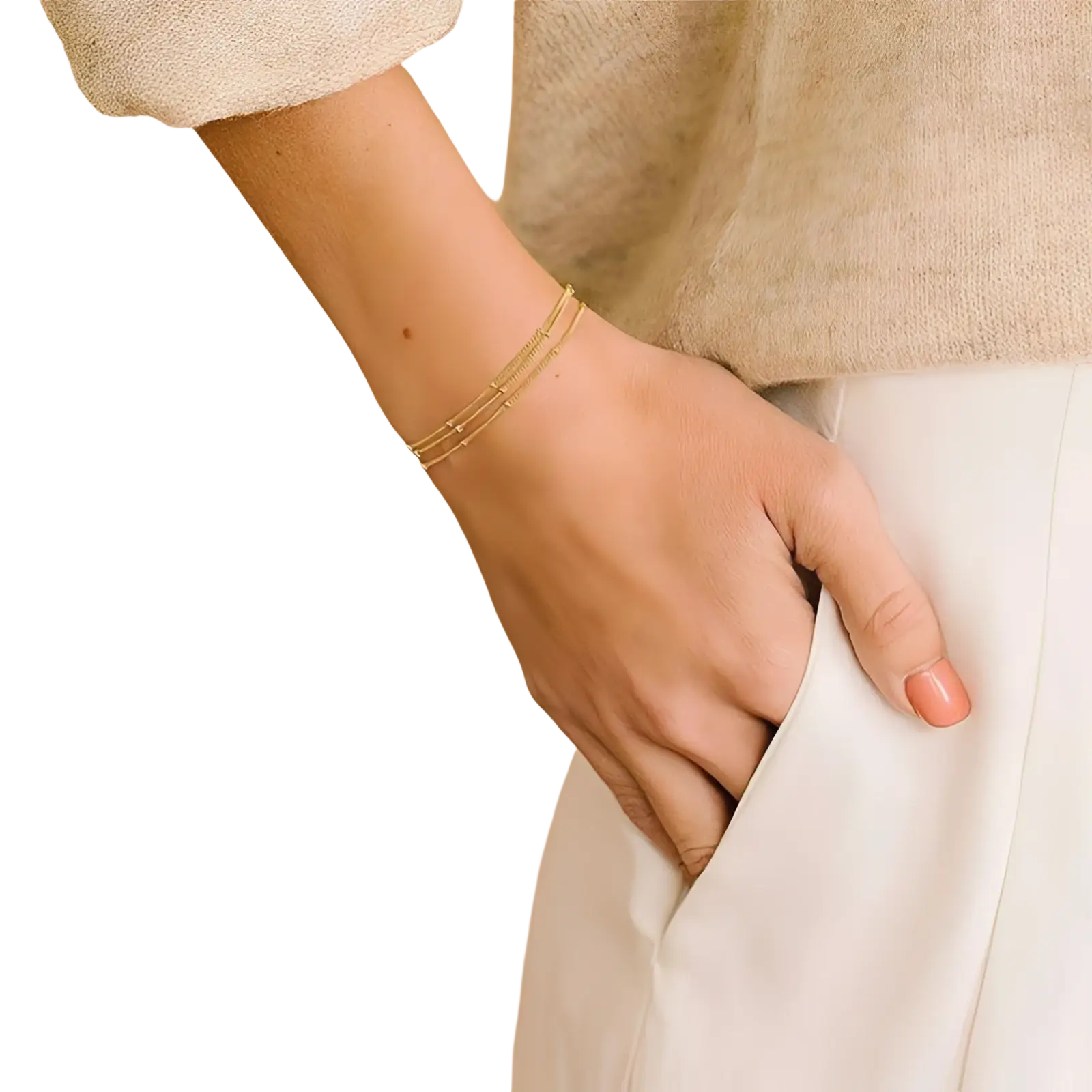 14k gold filled triple layer beaded chain bracelet with three delicate gold-toned interwoven chains and subtle beads