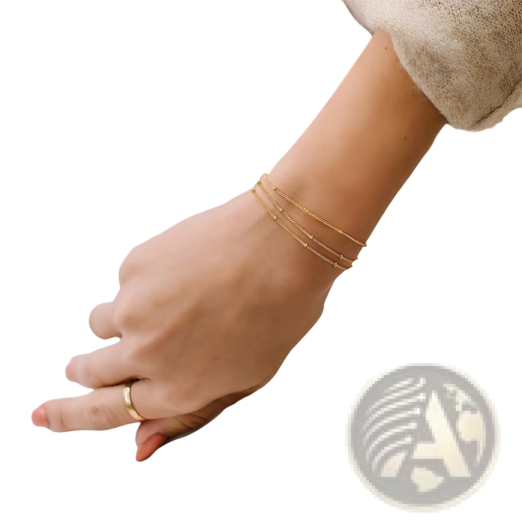 Delicate 14k gold filled triple layer beaded chain bracelet in gold tone with fine detailing