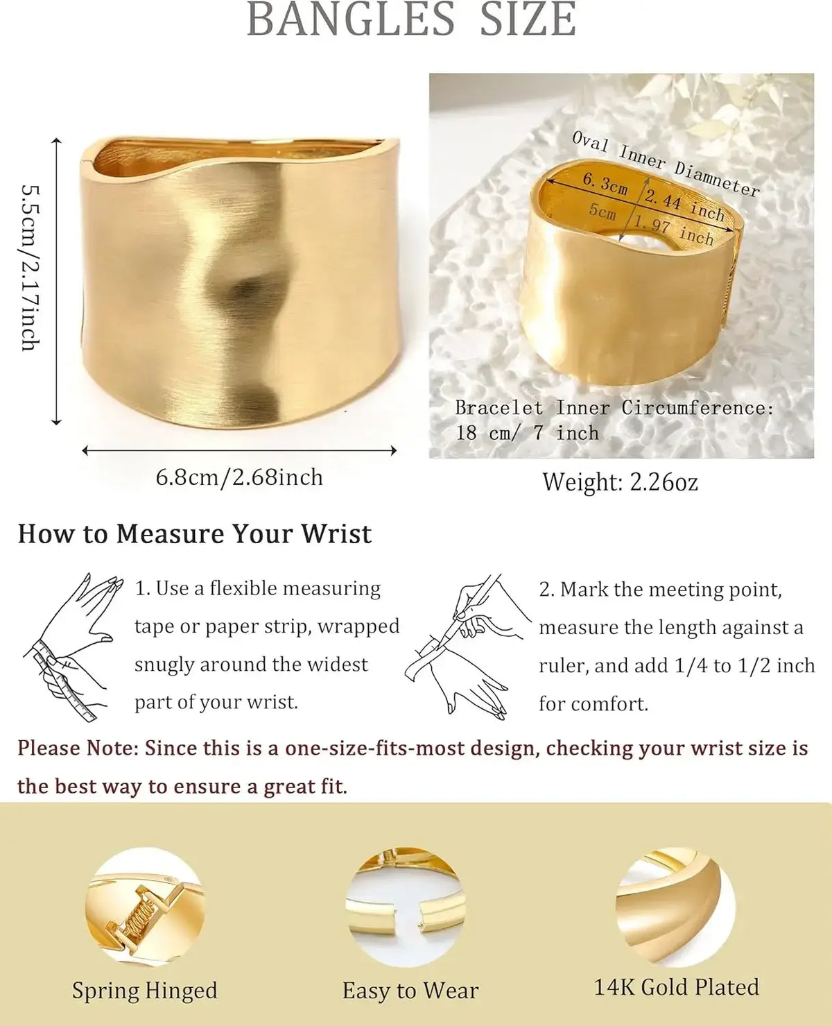 14k gold plated gold bangles for women featuring smooth rectangular design with spring hinge mechanism gold bracelets