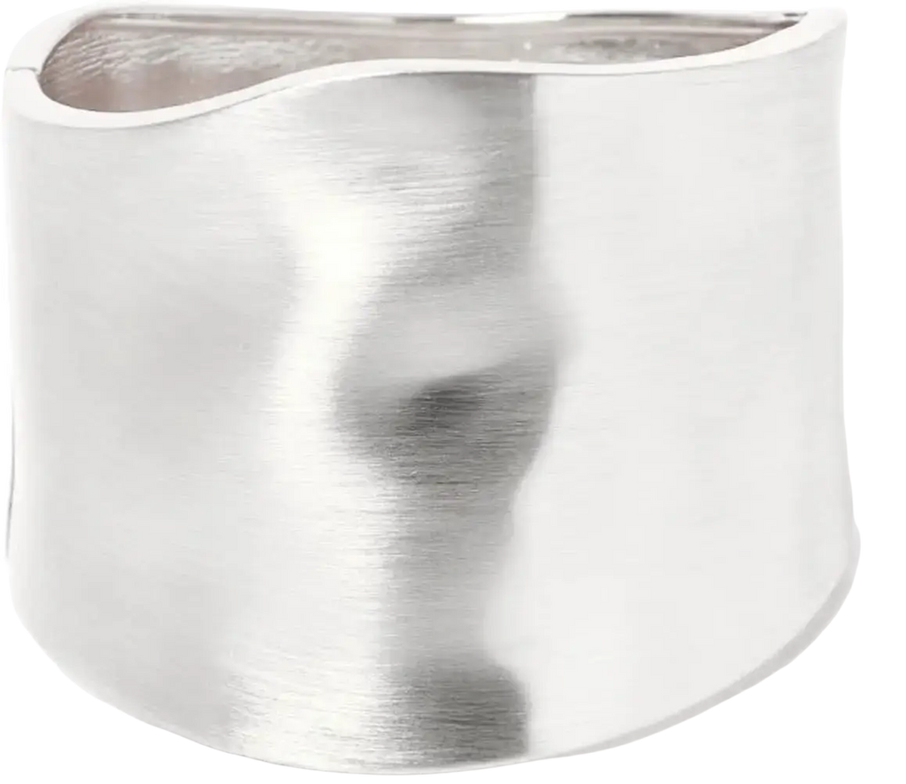 Wide silver-toned cuff ring with brushed finish and organic contours complementing 14k gold plated gold bangles
