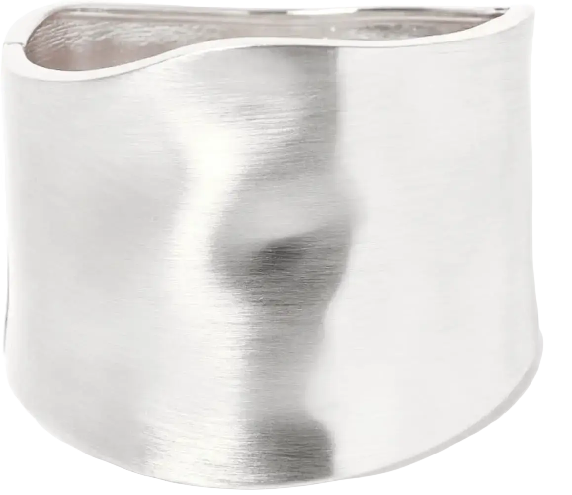 Wide silver-toned cuff ring with brushed finish and organic contours complementing 14k gold plated gold bangles