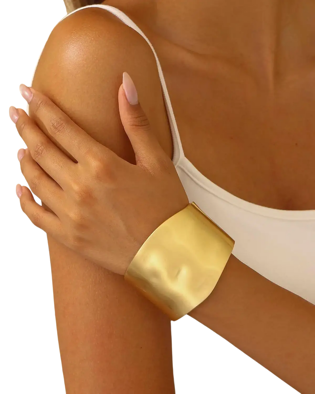 14k gold plated gold bangles for women featuring a gold bracelet wide cuff with smooth textured surface worn on wrist