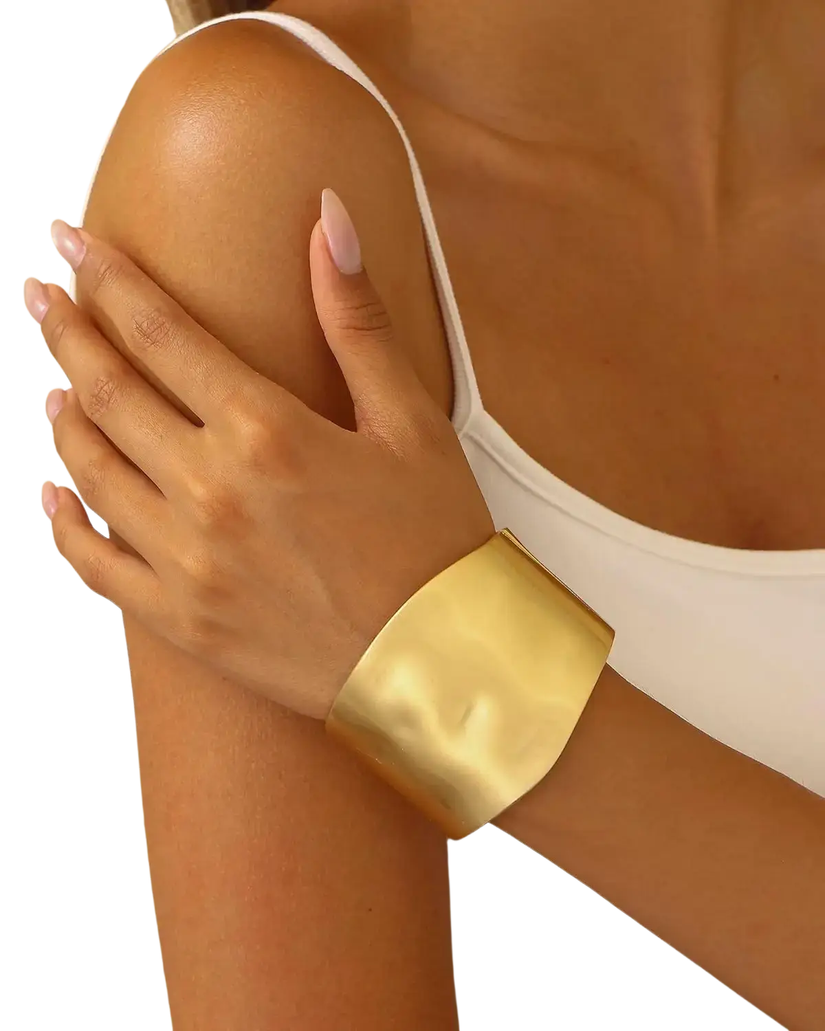14k gold plated gold bangles for women featuring a gold bracelet wide cuff with smooth textured surface worn on wrist