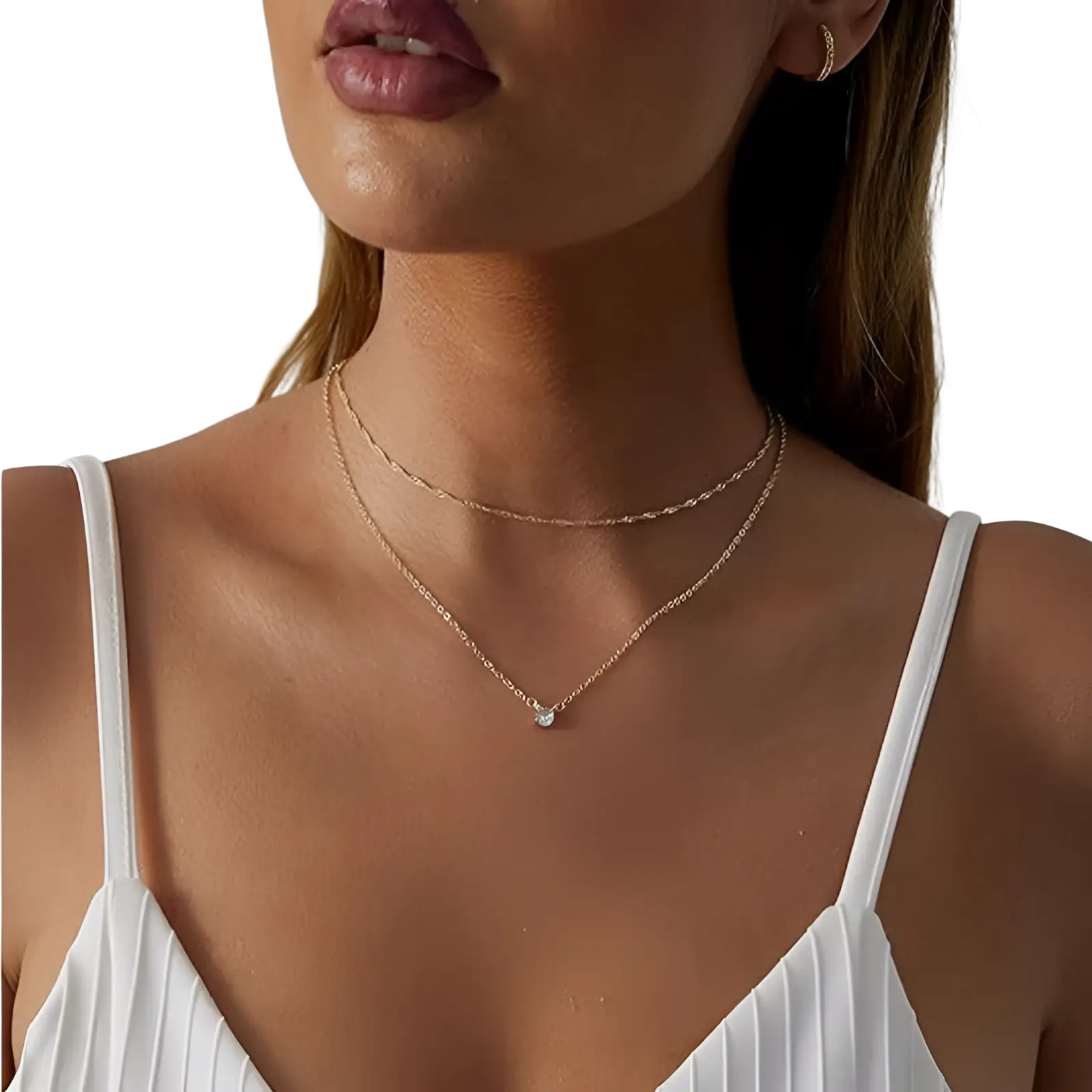 A 14k gold plated dainty diamond solitaire layered necklace set with a delicate rose gold fine chain and small pendant