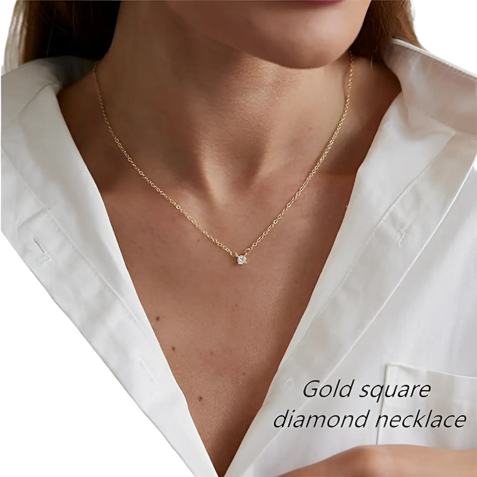 14k gold plated dainty layered necklace with a delicate gold chain and small square-cut diamond solitaire pendant