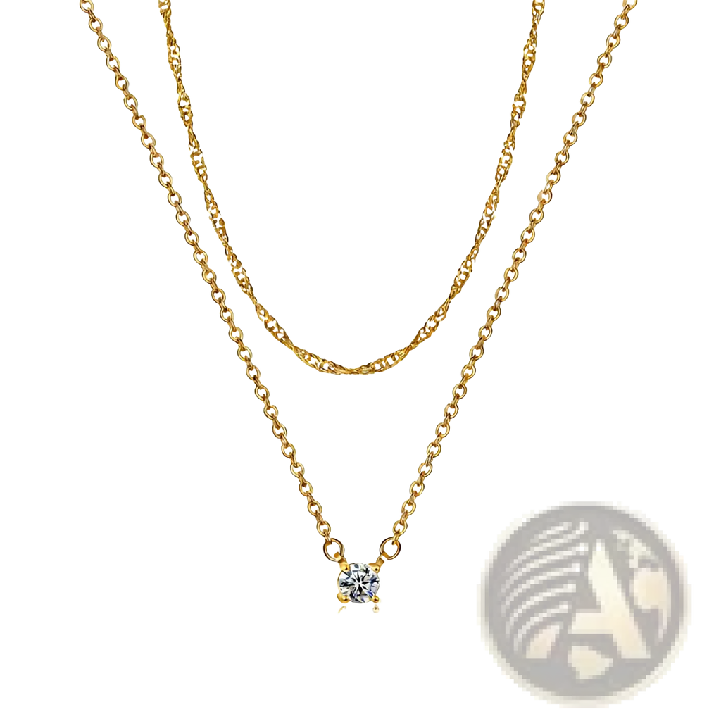 14k gold plated dainty diamond solitaire pendant necklace with a gold-toned layered twisted chain and clear gemstone