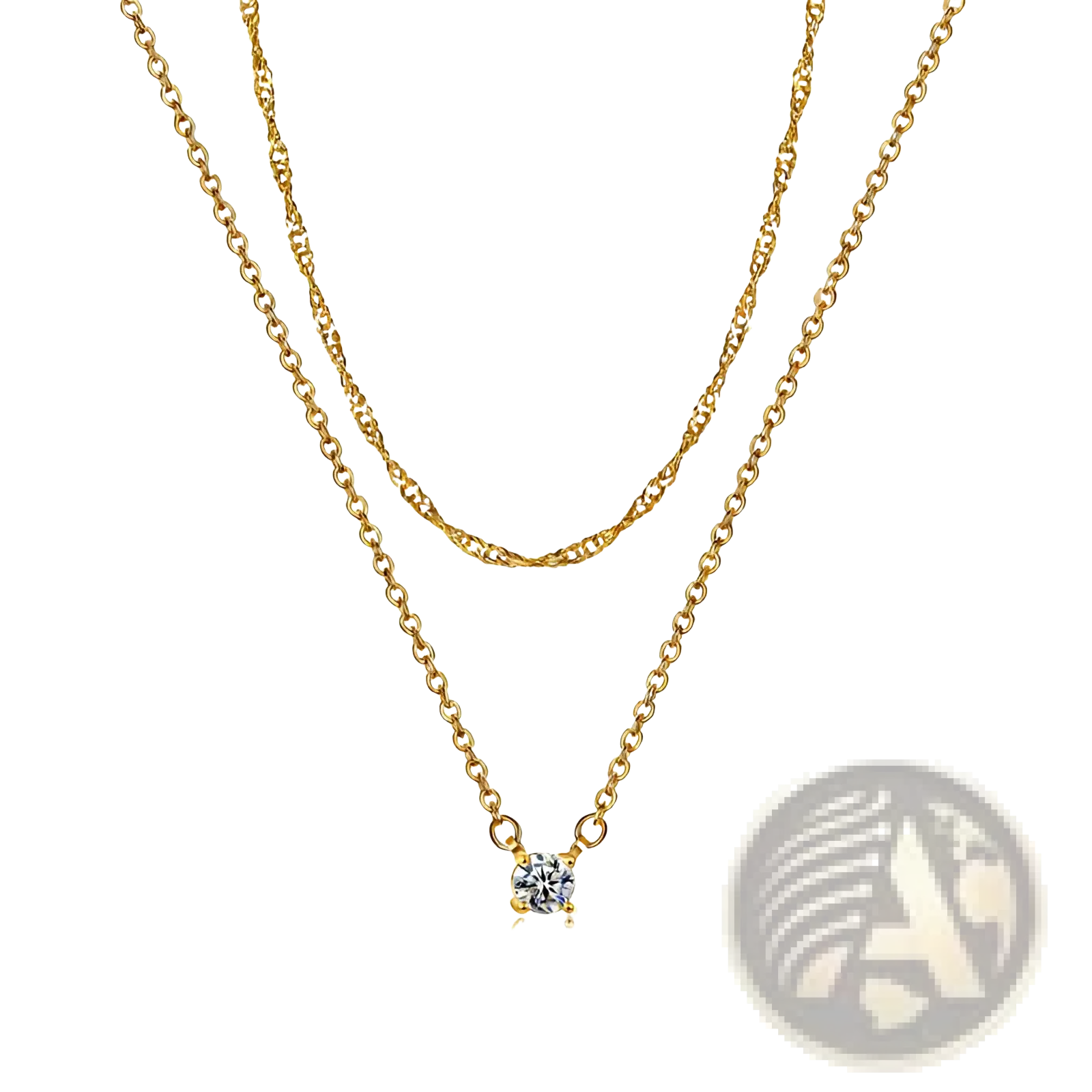 14k gold plated dainty diamond solitaire pendant necklace with a gold-toned layered twisted chain and clear gemstone