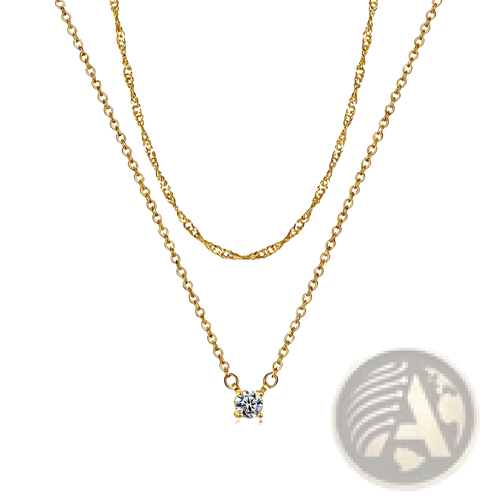A delicate 14k gold plated rose gold layered necklace set with a fine chain and small diamond solitaire pendant