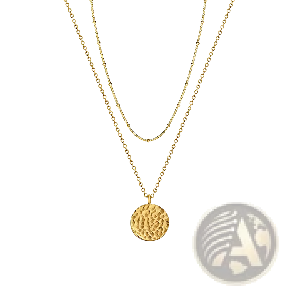 14k gold plated layered coin and bar pendant necklace featuring a gold-toned textured circular pendant on a delicate chain