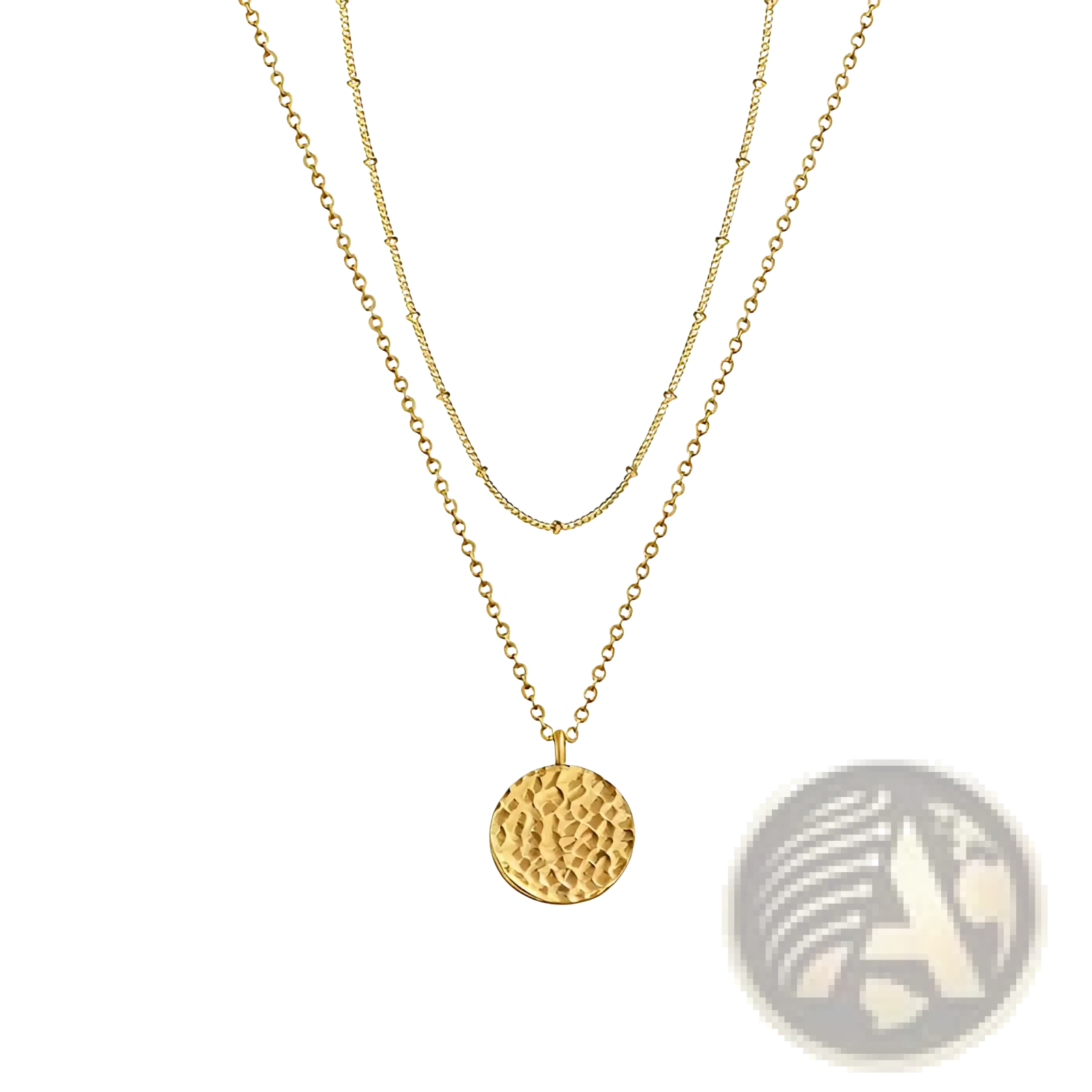 14k gold plated layered coin and bar pendant necklace featuring a gold-toned textured circular pendant on a delicate chain