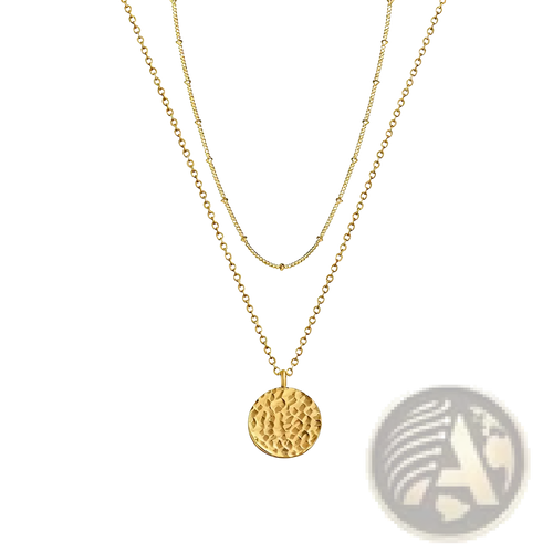 14k gold plated layered coin and bar pendant necklace featuring a gold-toned textured circular pendant on a delicate chain