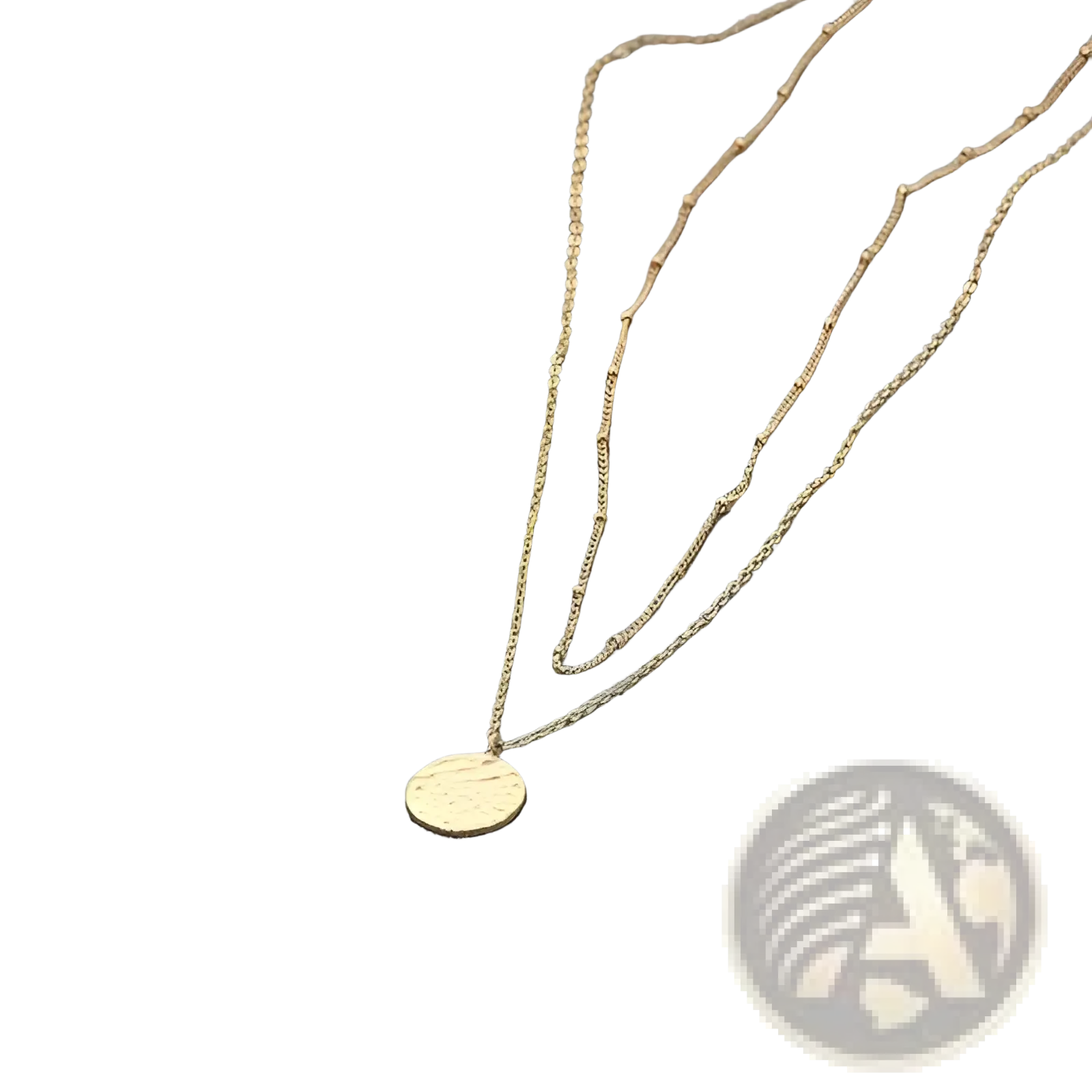14k gold plated layered coin and bar pendant necklace with textured circular pendant and delicate chain links
