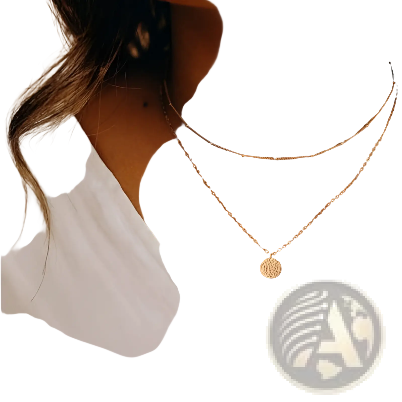 14k gold plated layered necklace set with delicate beaded chain and longer chain featuring textured coin pendant