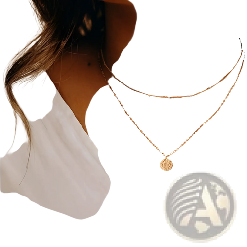 14k gold plated layered necklace set with delicate beaded chain and longer chain featuring textured coin pendant