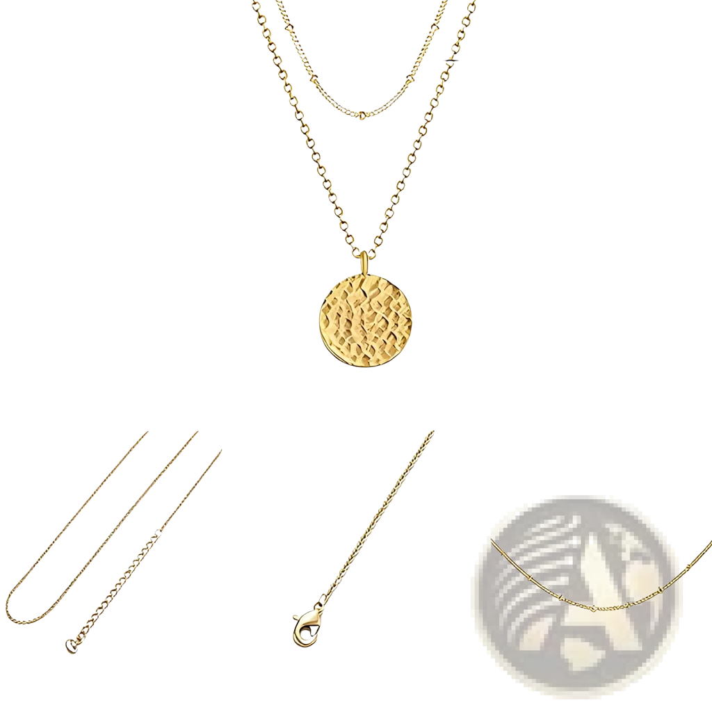 14k gold plated layered coin and bar pendant necklace with gold-toned double-layer chain and textured circular pendant