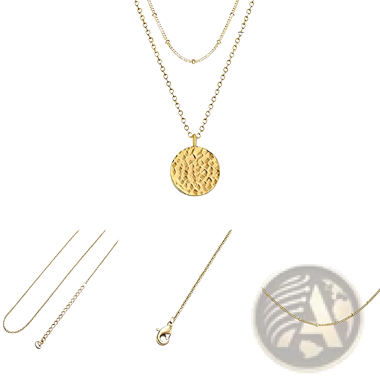 14k gold plated layered coin and bar pendant necklace with gold-toned double-layer chain and textured circular pendant