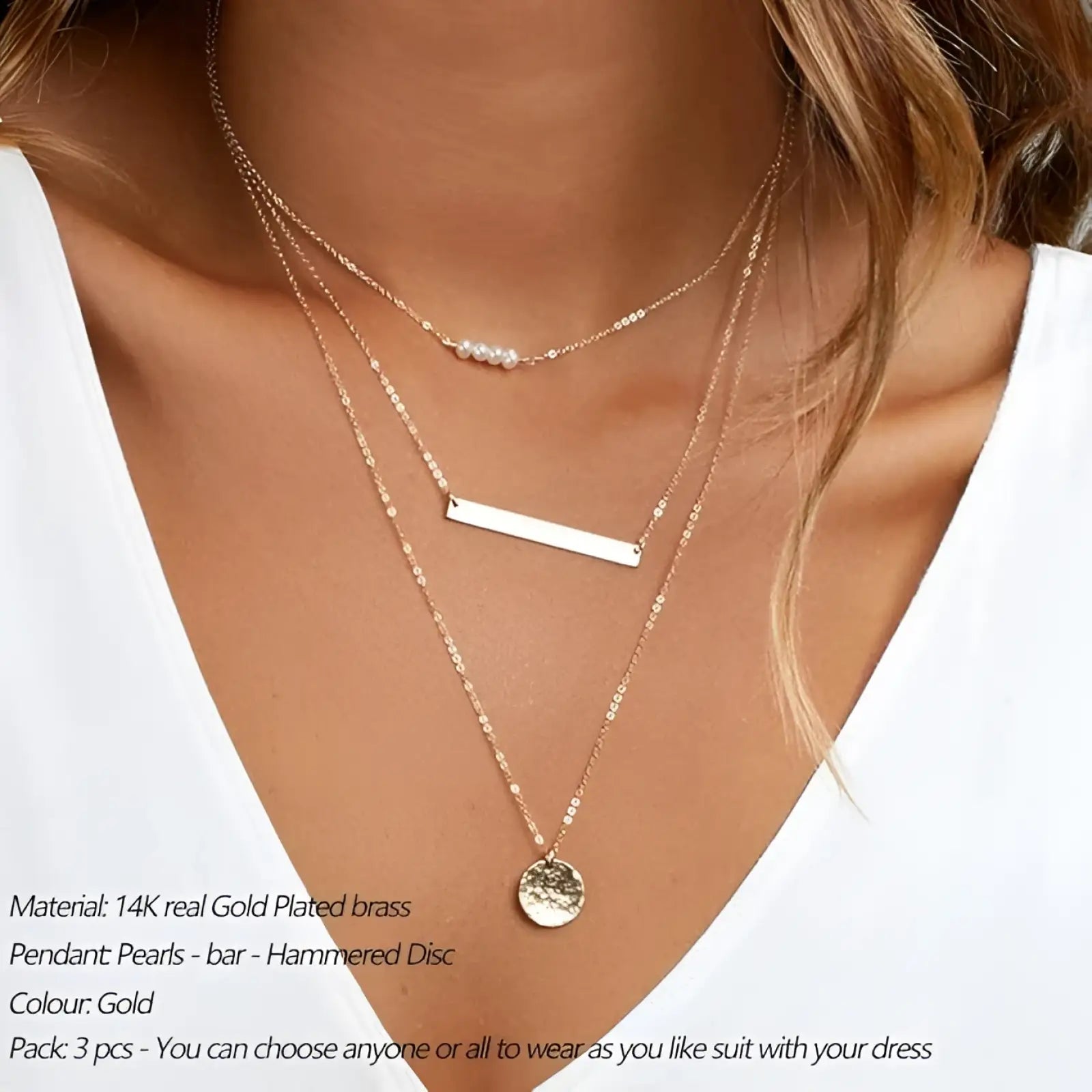 14k gold plated layered necklace set with delicate chain, hammered bar pendant, and circular disc pendant in gold tone