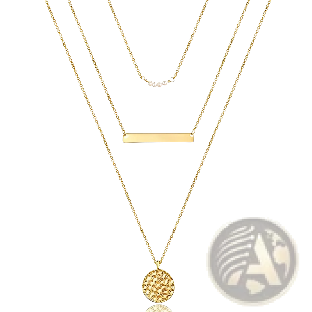 14k gold plated layered necklace set with delicate chain featuring a flat rectangular bar and textured circular disc pendants