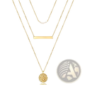 14k gold plated layered necklace set with delicate chain featuring a flat rectangular bar and textured circular disc pendants
