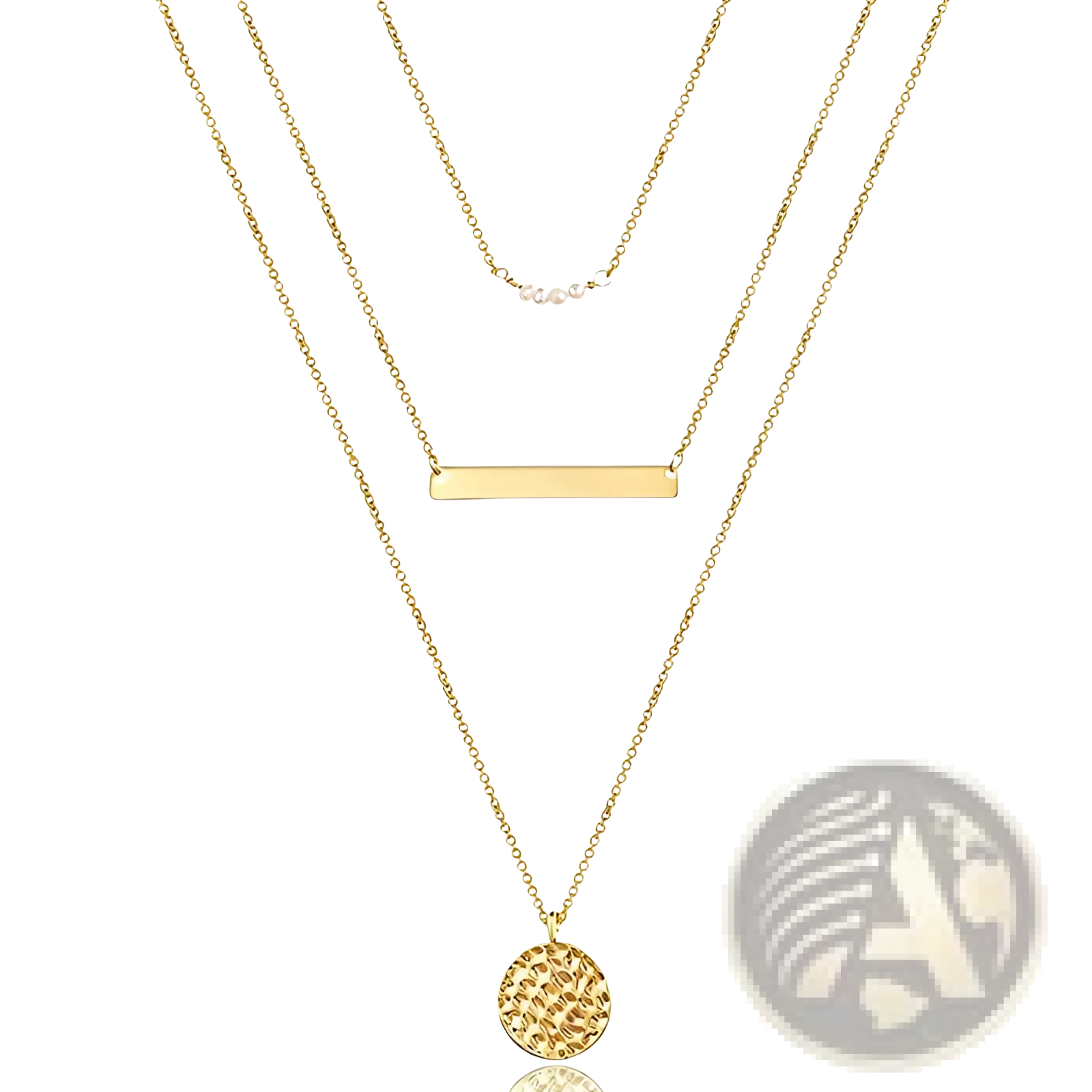 14k gold plated layered necklace set with delicate chain featuring a flat rectangular bar and textured circular disc pendants