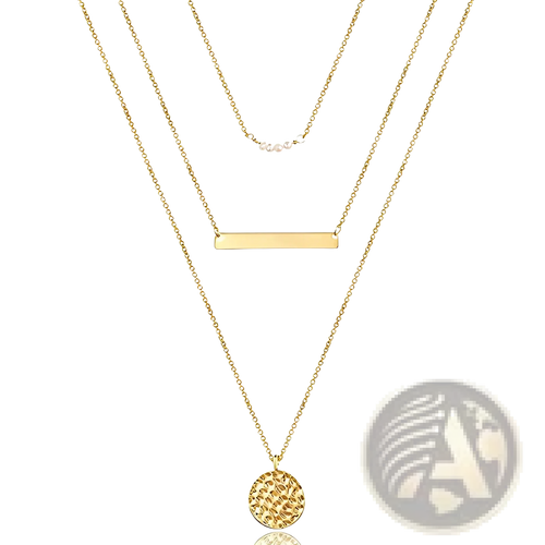 14k gold plated layered necklace set with delicate chain featuring a flat rectangular bar and textured circular disc pendants