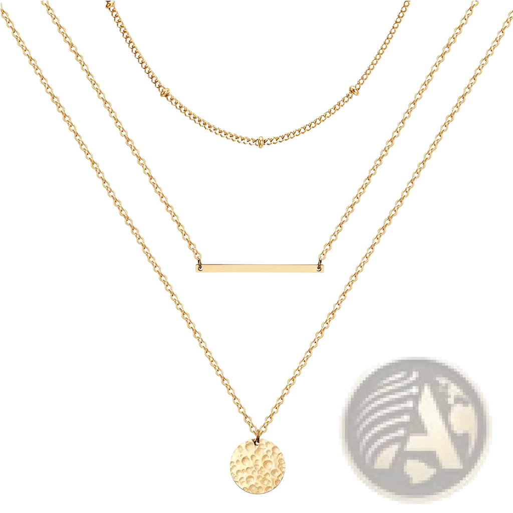 14k gold plated triple layered choker necklace with three gold-toned chains and hammered pendant charms