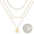 14k gold plated triple layered choker necklace with three gold-toned chains and hammered pendant charms