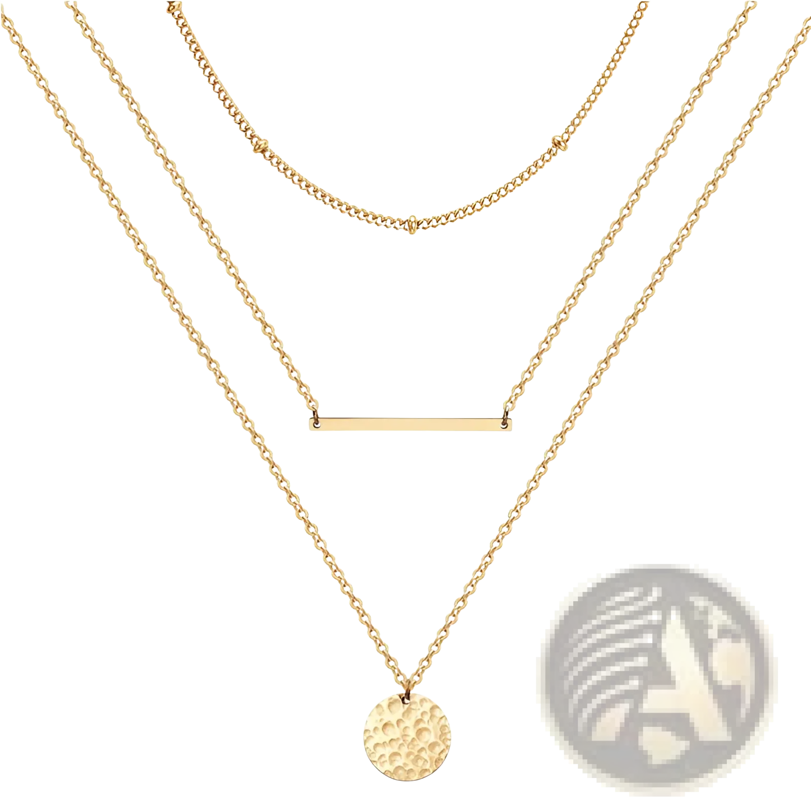 14k gold plated triple layered choker necklace with three gold-toned chains and hammered pendant charms